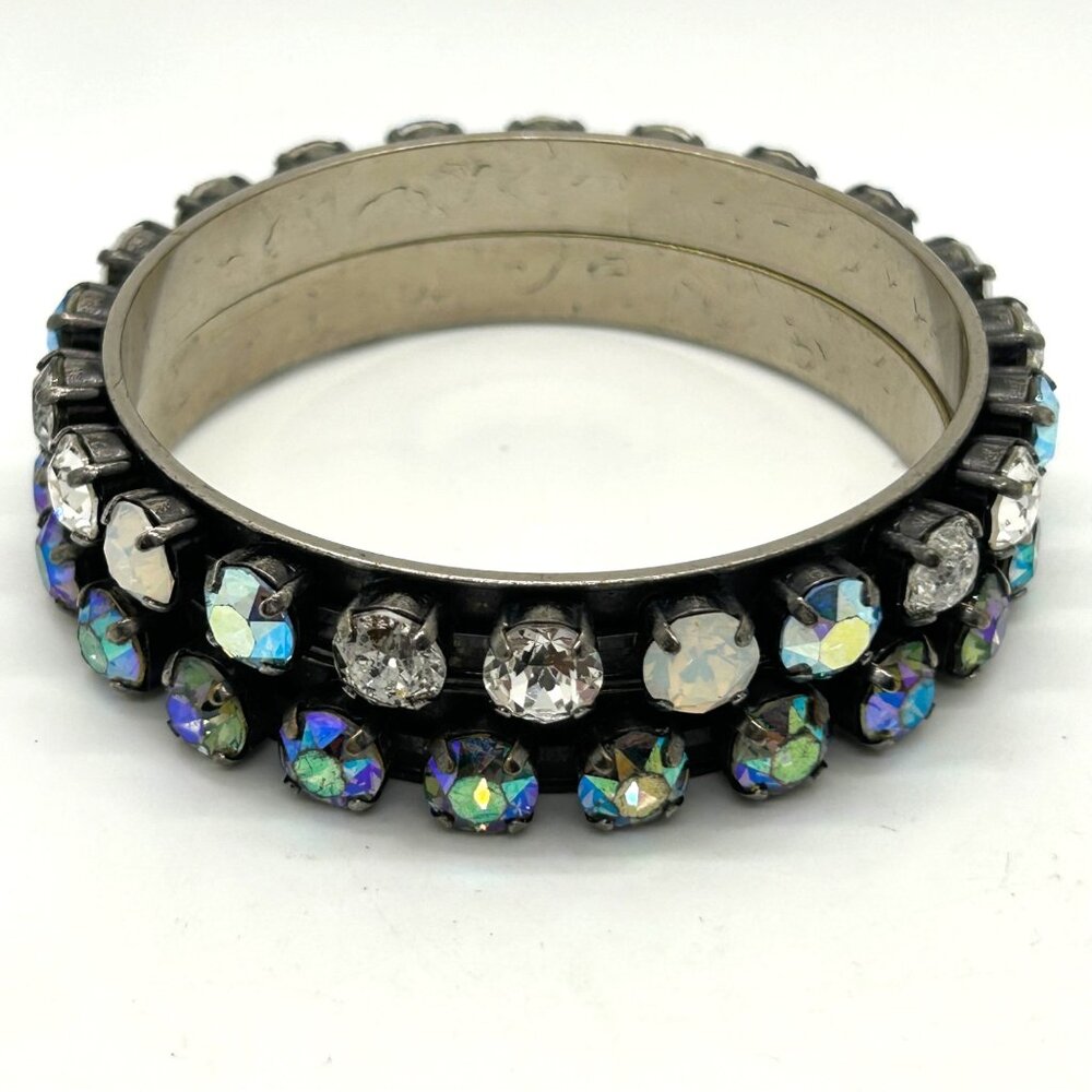 Set of Vintage Aurora Borealis Rhinestone Bangle Set of 2 Black Finish 7.5 inch